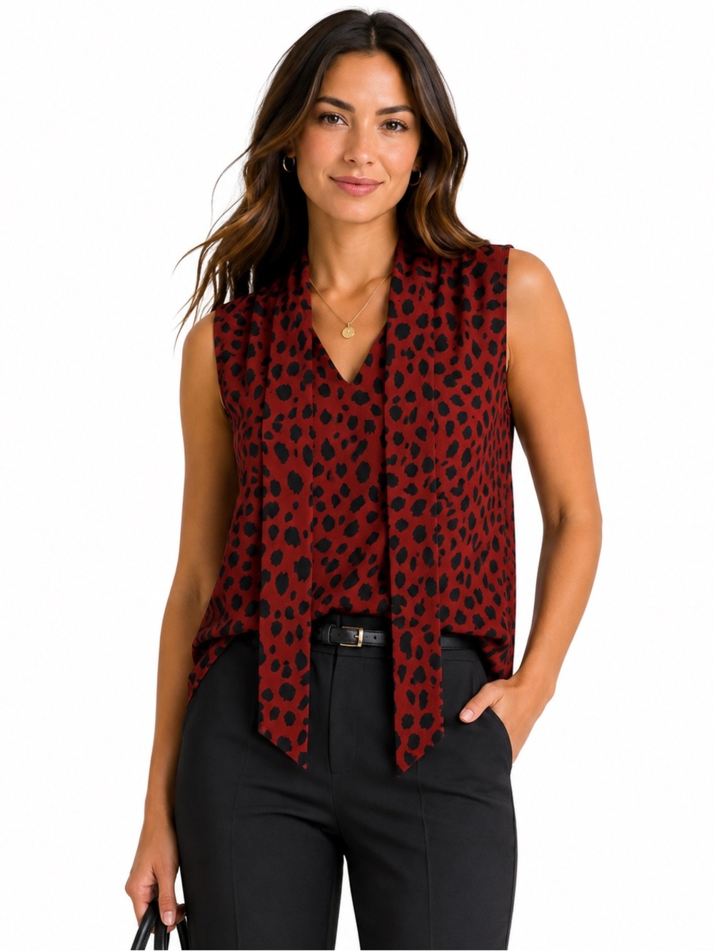 Apt. 9 Burgundy Black Animal Print Sleeveless V Neck Blouse Small Career Chic